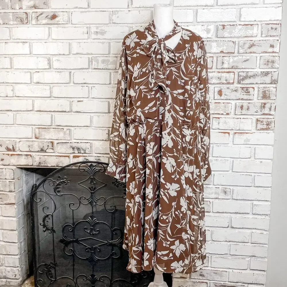 Lane Bryant Tie Neck Bow Brown and Off White Floral Sheer Midi Dress 22